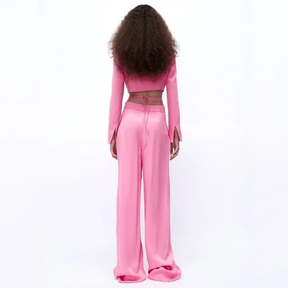 Zara Set - Pink Cropped Satin Effect Blazer & Full Length Pants - Picture 11 of 17